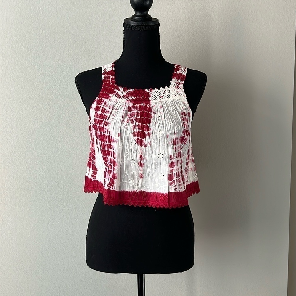 RAGA Anthropologie Tie Dye Tank Top with Crochet Details Red White Size Medium